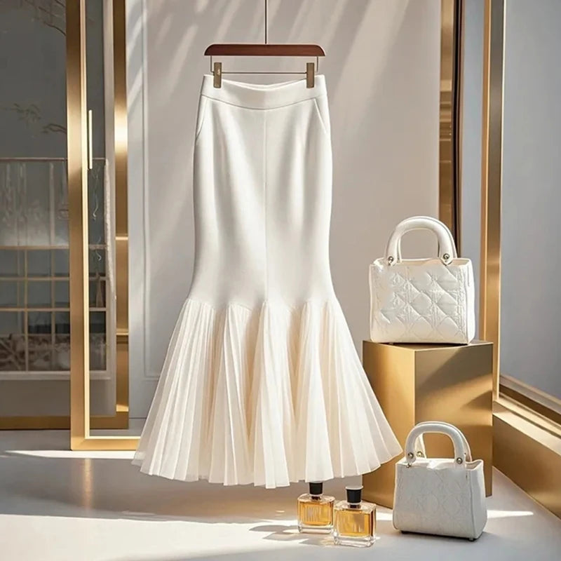 High Waist White Spliced Half Skirt