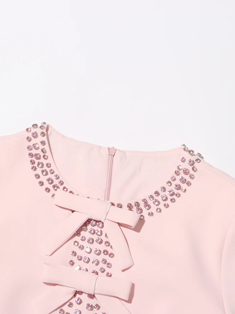 Patchwork Bowknot Elegant Chic Dresses For Women Round Neck Short Sleeve High Waist Spliced Diamonds Slim Dress Female