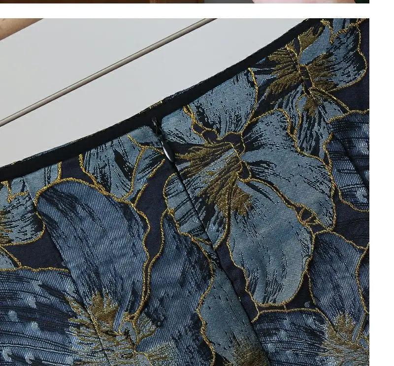 Retro Style Gold Silk Blue Flower Skirt