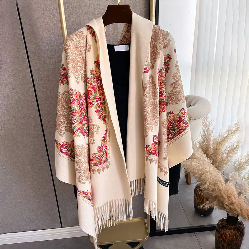 Cashmere Scarf for Women Floral Embroidery Pashmina Blanket Thick Shawl Wrap Neckerchief Elegant Lady Poncho Bufanda