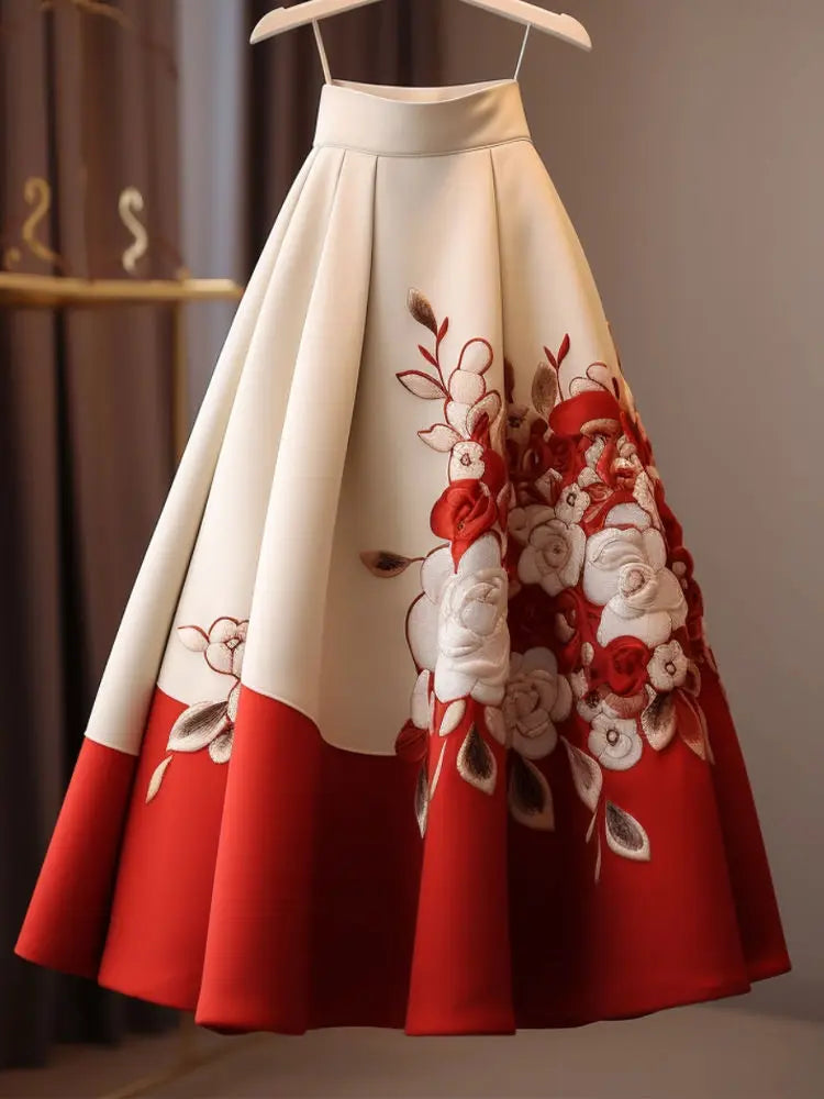 Vintage Red Flower Print Skirt