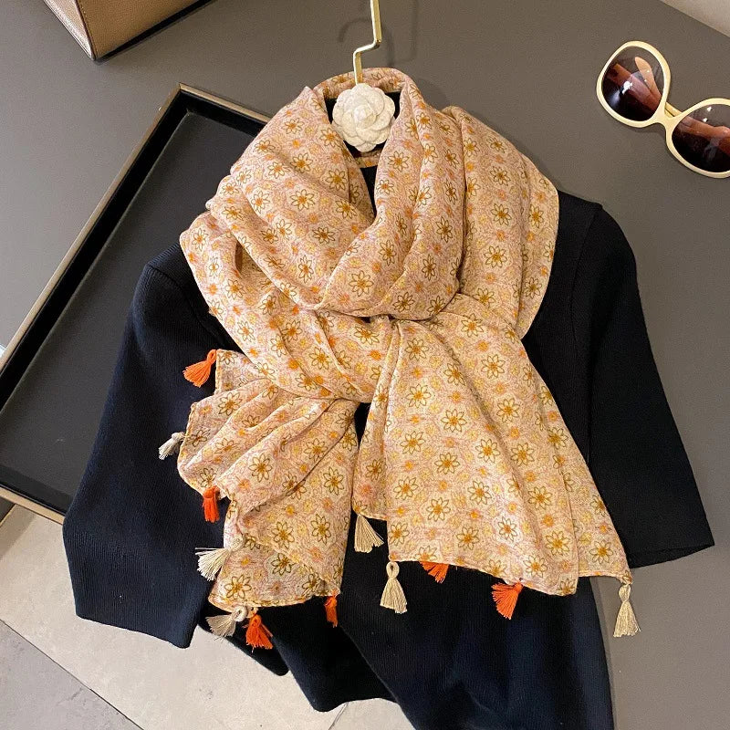 Viscose Cotton Scarf Aztec Paisley Floral Shawl Wraps Lady Thin Scarves Fashion Tassel
