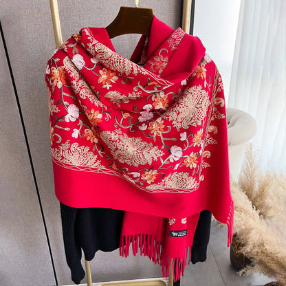 Warm Cashmere Scarf for Women Embroidery Pashmina Blanket Thick Shawl Wrap Neckerchief Bufanda Echarpe Poncho