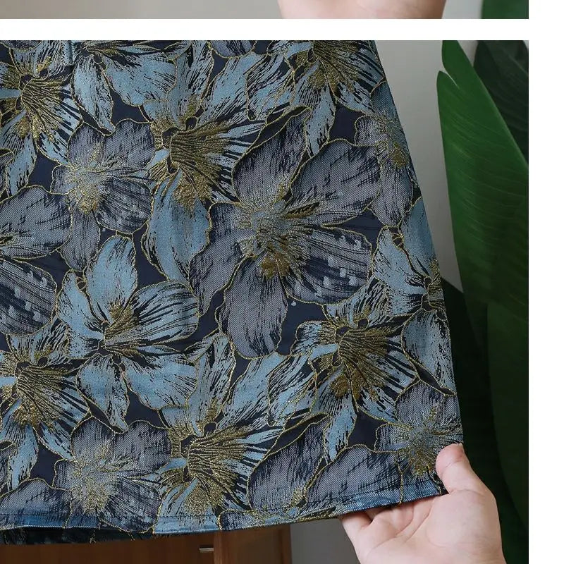 Retro Style Gold Silk Blue Flower Skirt