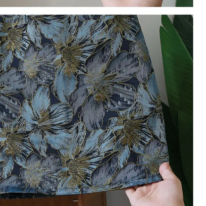 Retro Style Gold Silk Blue Flower Skirt