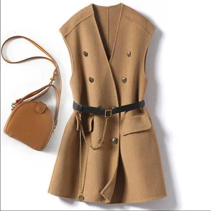 Casual Sleeveless Wool Coat Female Outerwear Tops With Belt