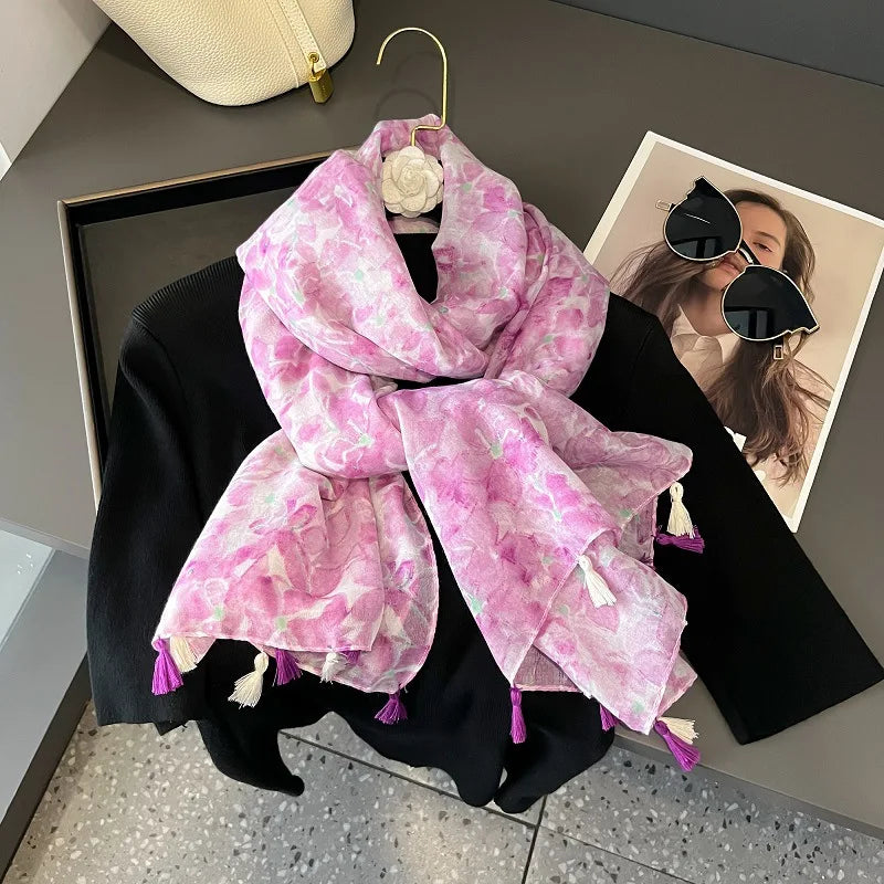 Viscose Cotton Scarf Aztec Paisley Floral Shawl Wraps Lady Thin Scarves Fashion Tassel