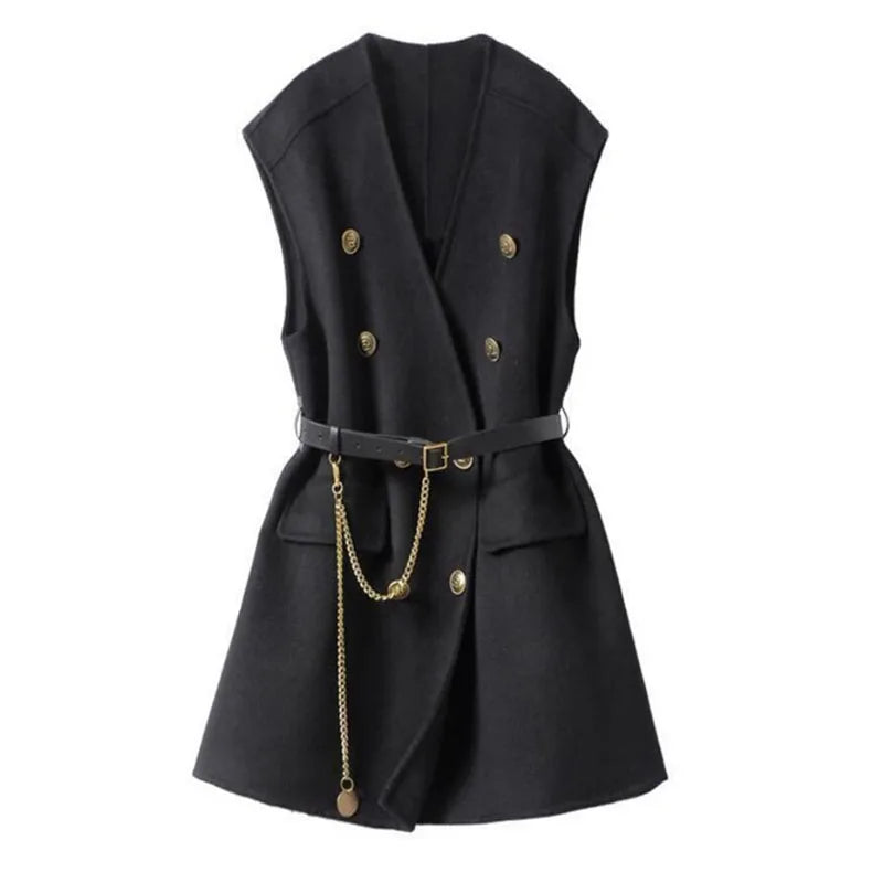Casual Sleeveless Wool Coat Female Outerwear Tops With Belt