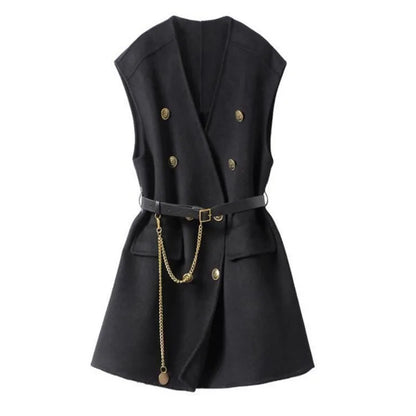 Casual Sleeveless Wool Coat Female Outerwear Tops With Belt