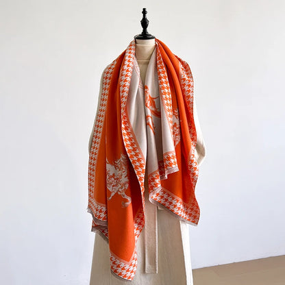 Luxury Women's Winter Cashmere Scarf - Horse Printed Tasseled Pashmina Shawl Wrap, Bandana & Poncho