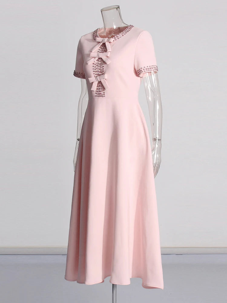 Patchwork Bowknot Elegant Chic Dresses For Women Round Neck Short Sleeve High Waist Spliced Diamonds Slim Dress Female