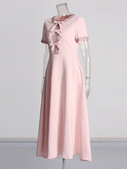 Patchwork Bowknot Elegant Chic Dresses For Women Round Neck Short Sleeve High Waist Spliced Diamonds Slim Dress Female