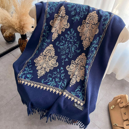 Cashmere Scarf for Women Floral Embroidery Pashmina Blanket Thick Shawl Wrap Neckerchief Elegant Lady Poncho Bufanda