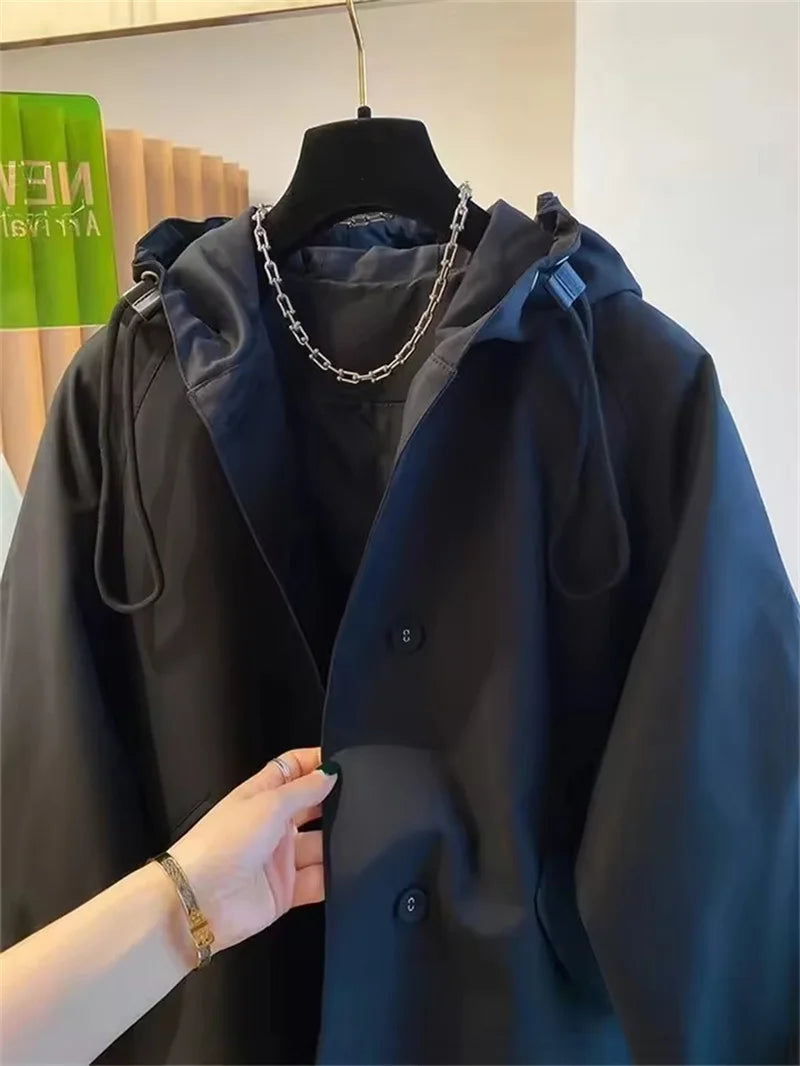 Vintage Long Trench Coat Casual Jacket Hood Drawstring Oversized Windbreaker