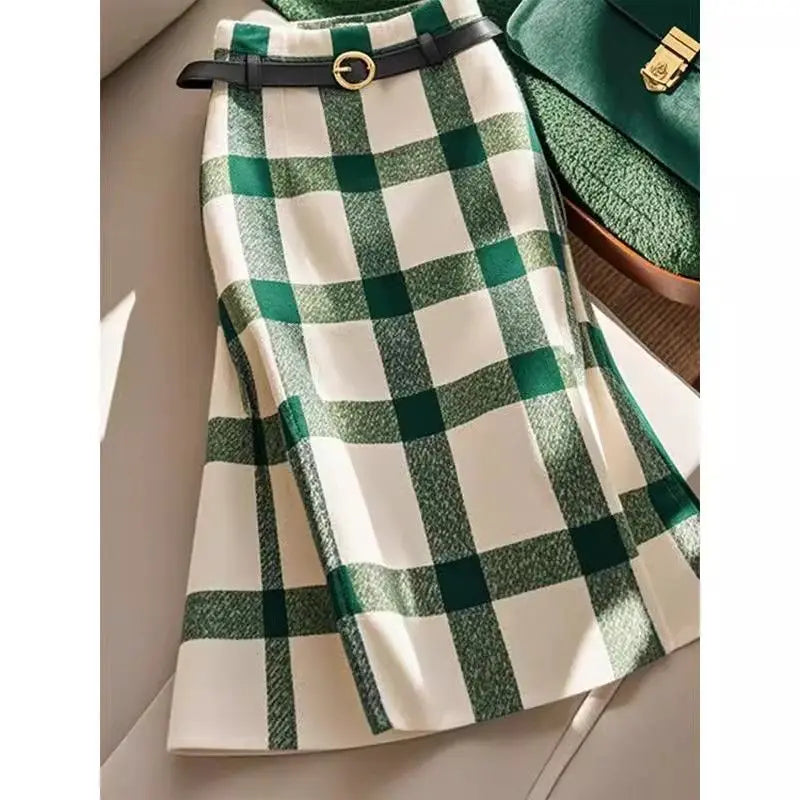 French Elegant Plaid Woolen Skirt