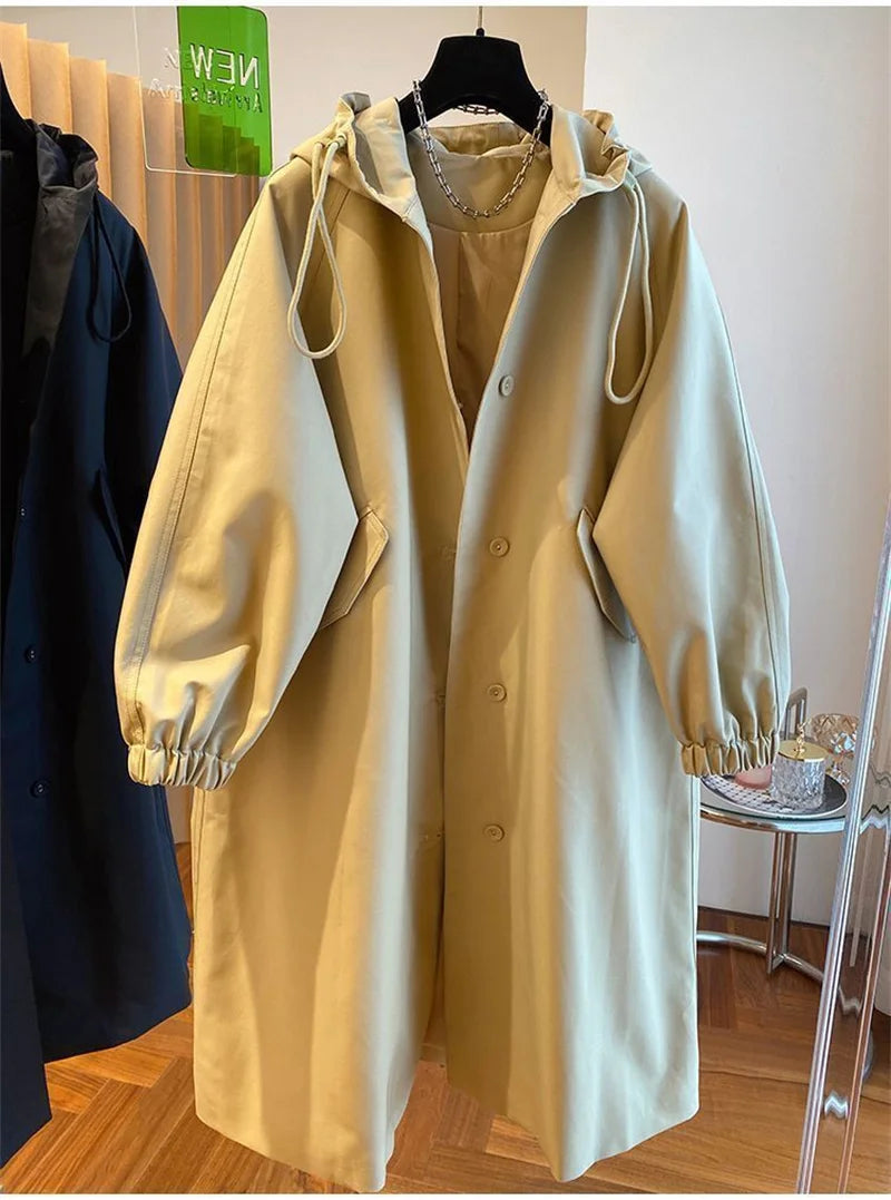 Vintage Long Trench Coat Casual Jacket Hood Drawstring Oversized Windbreaker