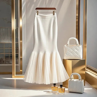 High Waist White Spliced Half Skirt