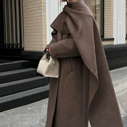 Vintage Brown Scarf Collar Women's Overcoat With Belt