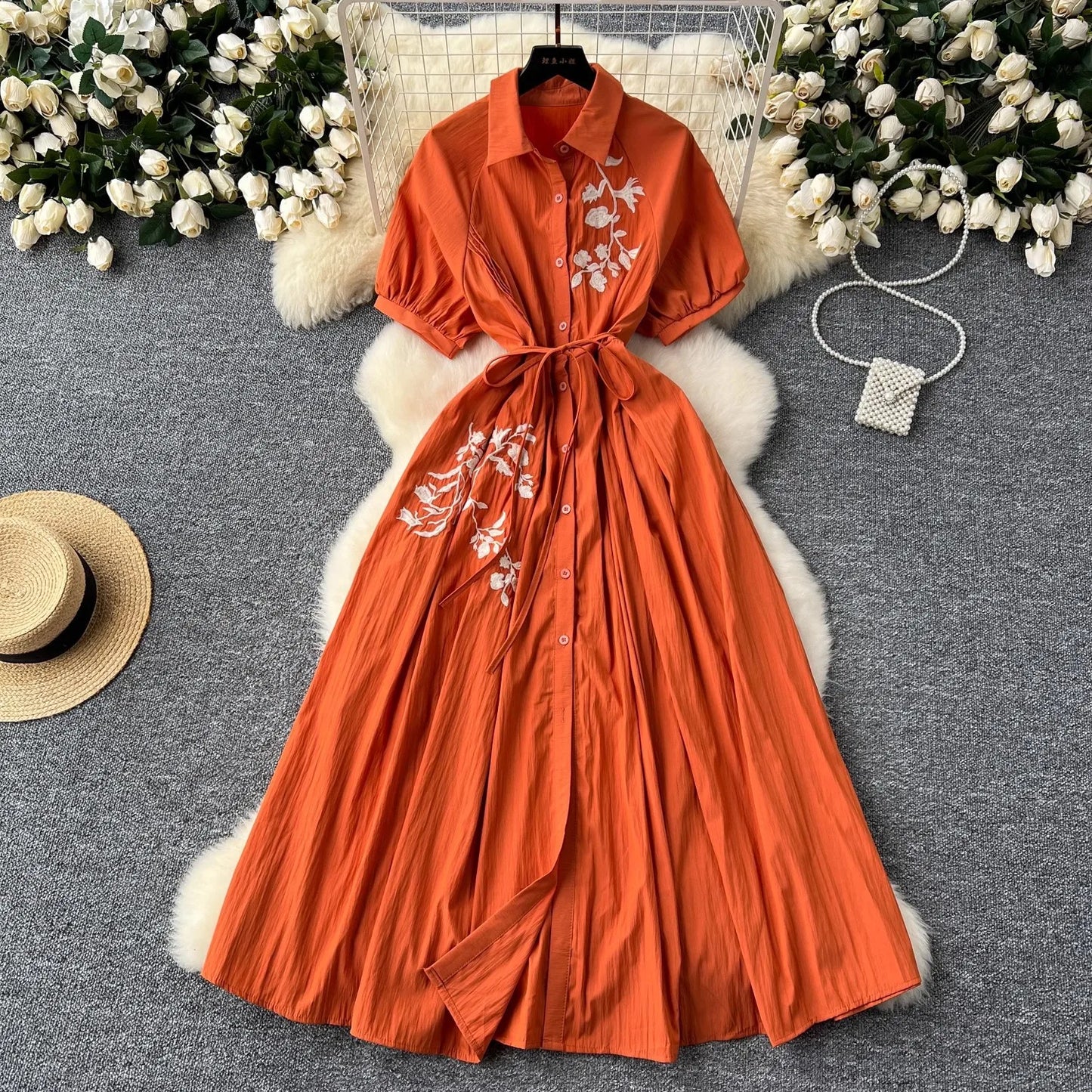 Retro Embroidered Loose Waist Cinched dress