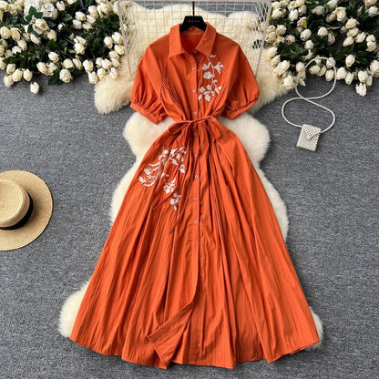Retro Embroidered Loose Waist Cinched dress
