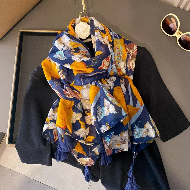Viscose Cotton Scarf Aztec Paisley Floral Shawl Wraps Lady Thin Scarves Fashion Tassel