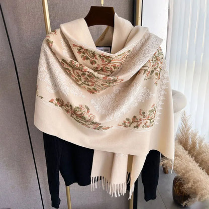Cashmere Scarf for Women Floral Embroidery Pashmina Blanket Thick Shawl Wrap Neckerchief Elegant Lady Poncho Bufanda