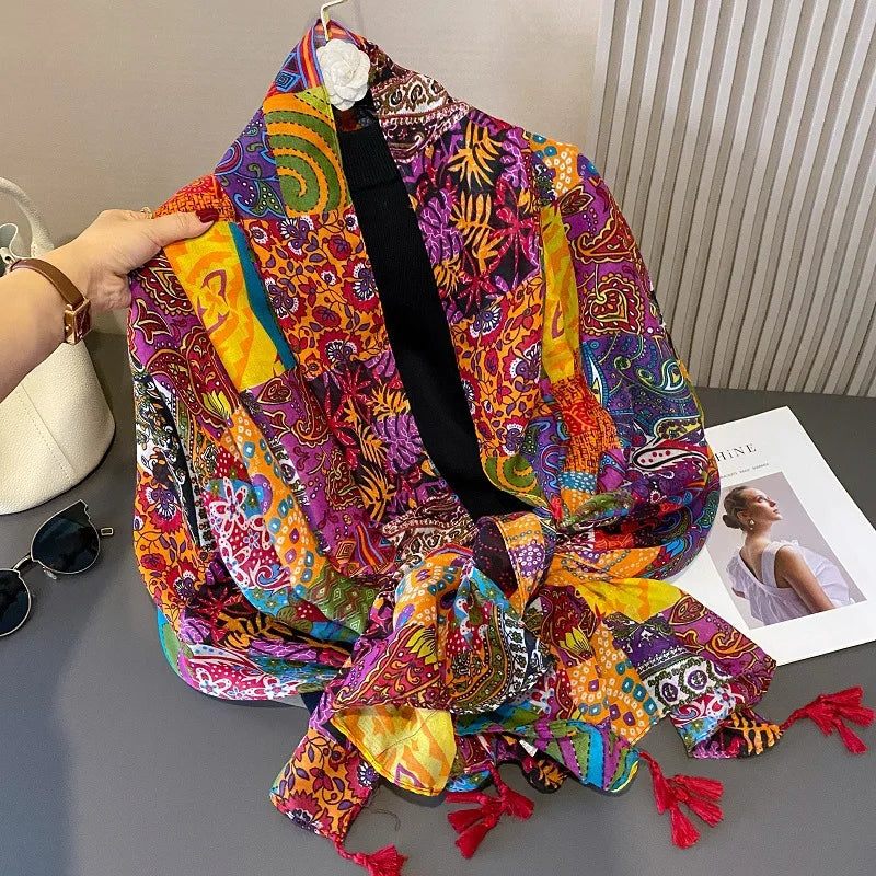 Viscose Cotton Scarf Aztec Paisley Floral Shawl Wraps Lady Thin Scarves Fashion Tassel