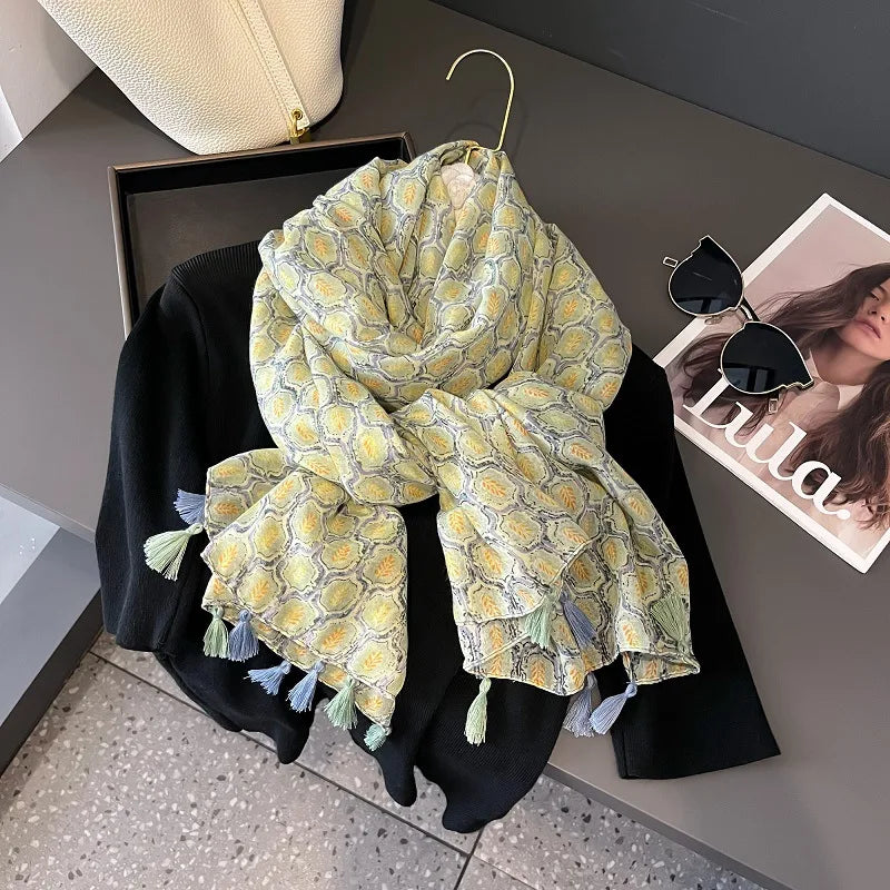 Viscose Cotton Scarf Aztec Paisley Floral Shawl Wraps Lady Thin Scarves Fashion Tassel
