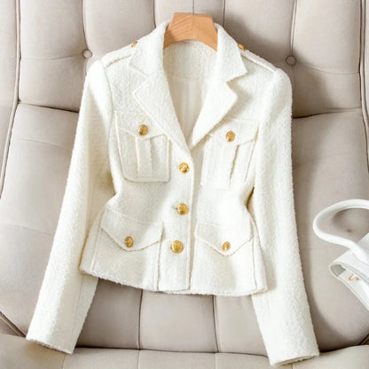 Tweed Suit Jacket Ladies Casual Office Female Blazer Outerwear Tops