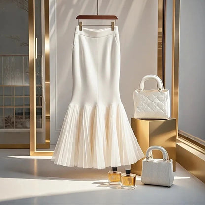 High Waist White Spliced Half Skirt