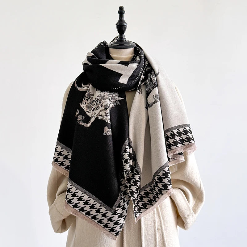 Luxury Women's Winter Cashmere Scarf - Horse Printed Tasseled Pashmina Shawl Wrap, Bandana & Poncho
