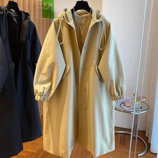 Vintage Long Trench Coat Casual Jacket Hood Drawstring Oversized Windbreaker