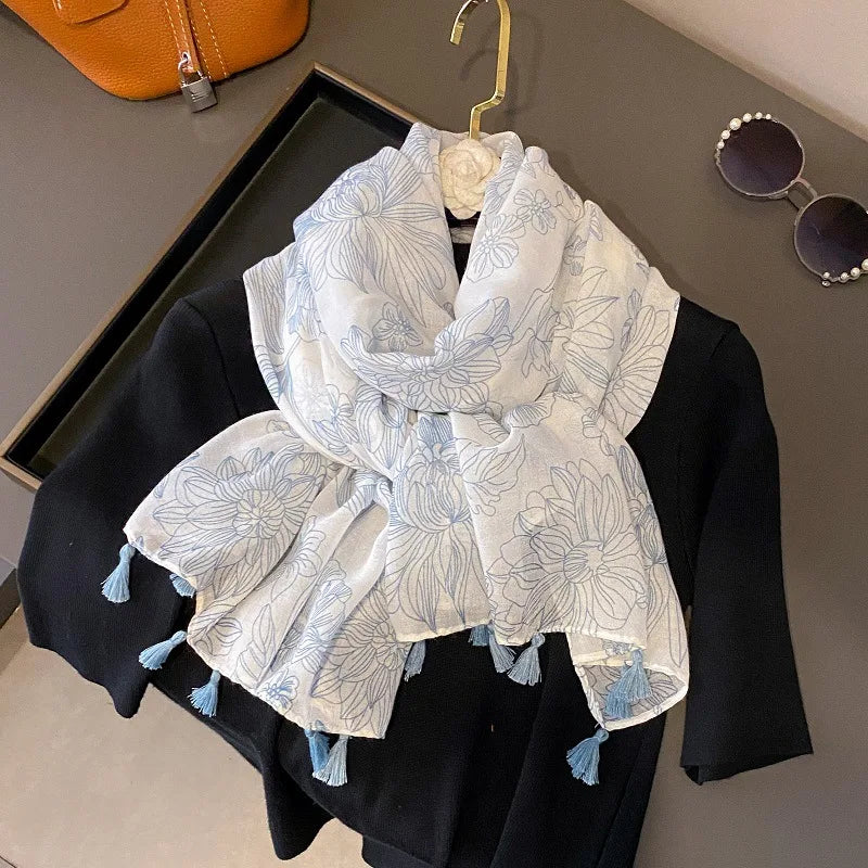 Viscose Cotton Scarf Aztec Paisley Floral Shawl Wraps Lady Thin Scarves Fashion Tassel