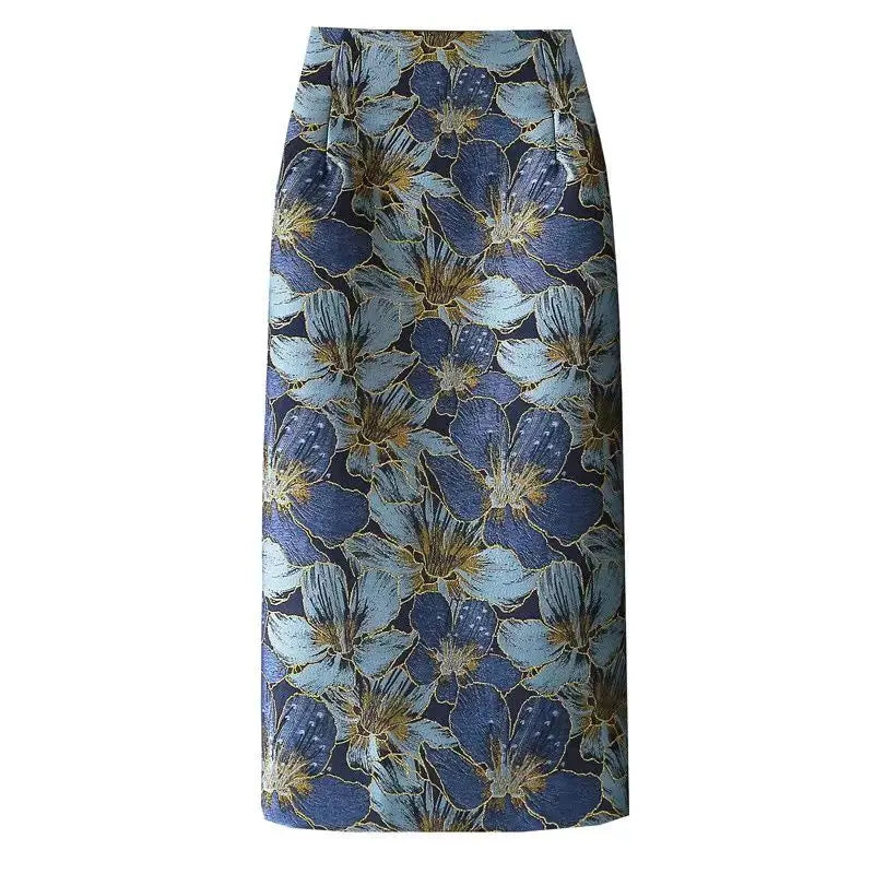 Retro Style Gold Silk Blue Flower Skirt
