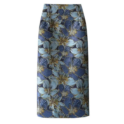 Retro Style Gold Silk Blue Flower Skirt