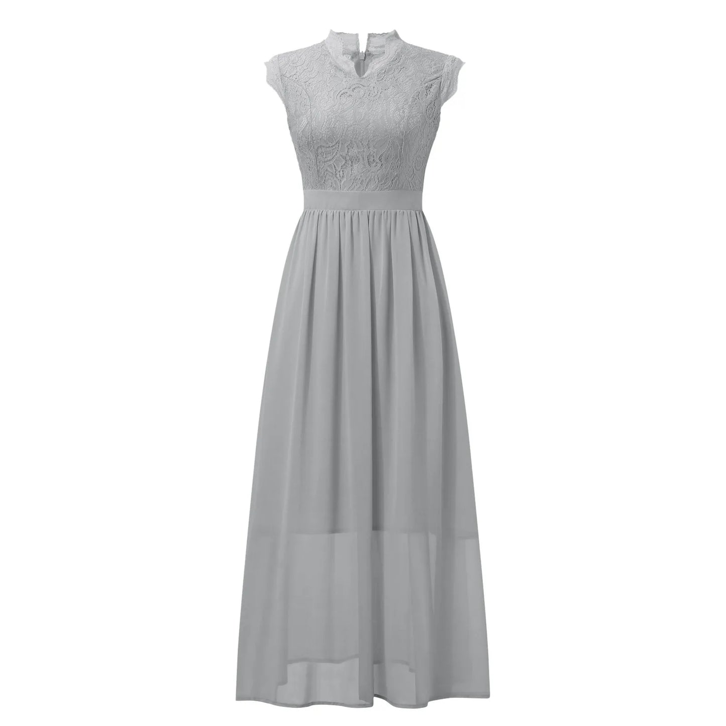 V Neck Sleeveless Lace Patchwork Chiffon Wedding Long Dress