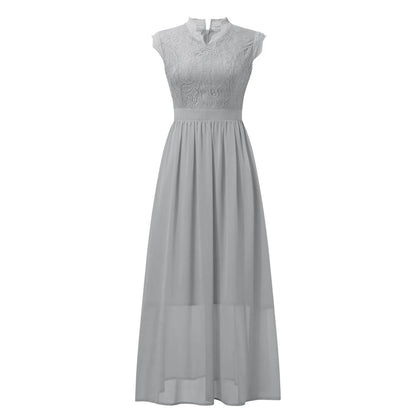 V Neck Sleeveless Lace Patchwork Chiffon Wedding Long Dress