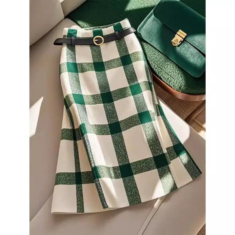 French Elegant Plaid Woolen Skirt