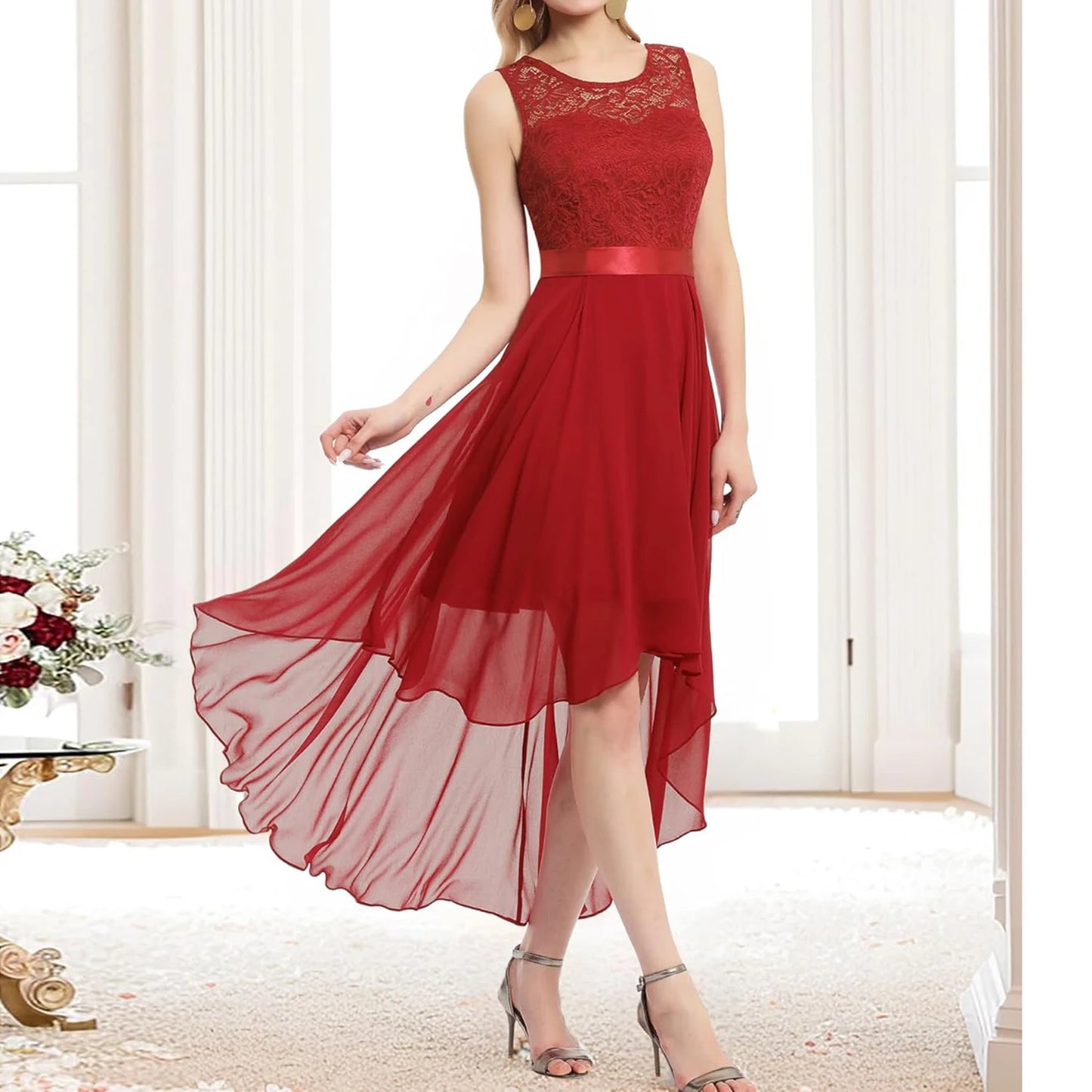 Neck Lace Patchwork Chiffon Swing Dress Cocktail Party