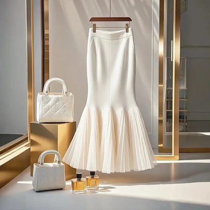 High Waist White Spliced Half Skirt