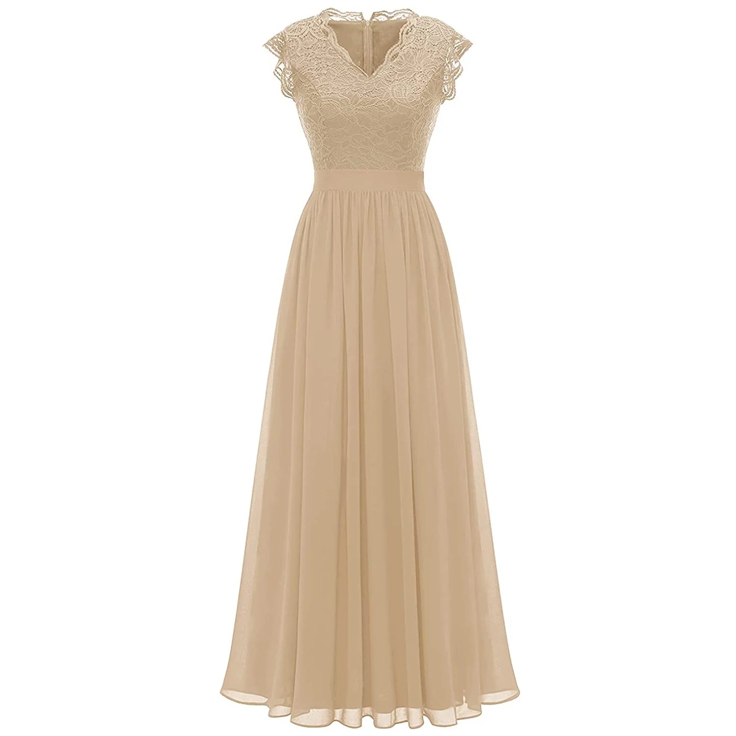 V Neck Sleeveless Lace Patchwork Chiffon Wedding Long Dress