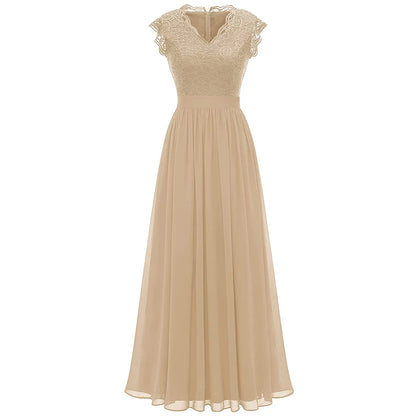 V Neck Sleeveless Lace Patchwork Chiffon Wedding Long Dress