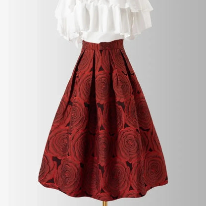 Wine Red Floral Vintage High Waist Ball skirt