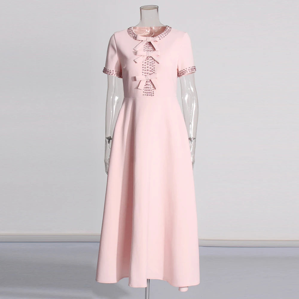 Patchwork Bowknot Elegant Chic Dresses For Women Round Neck Short Sleeve High Waist Spliced Diamonds Slim Dress Female