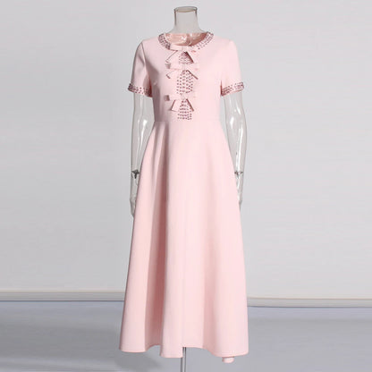 Patchwork Bowknot Elegant Chic Dresses For Women Round Neck Short Sleeve High Waist Spliced Diamonds Slim Dress Female