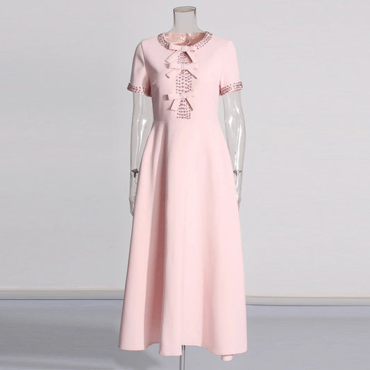 Patchwork Bowknot Elegant Chic Dresses For Women Round Neck Short Sleeve High Waist Spliced Diamonds Slim Dress Female