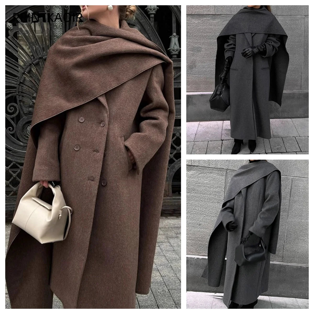 Vintage Brown Scarf Collar Women's Overcoat With Belt