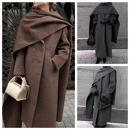 Vintage Brown Scarf Collar Women's Overcoat With Belt