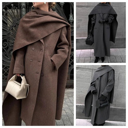 Vintage Brown Scarf Collar Women's Overcoat With Belt