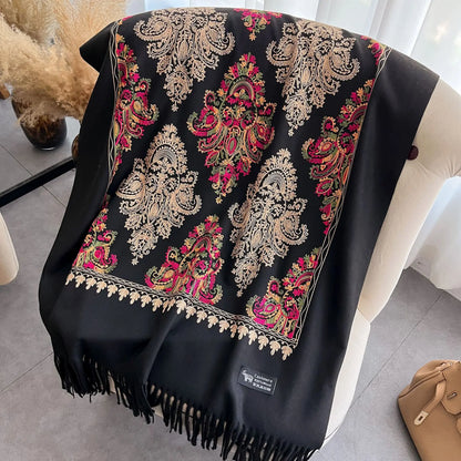 Cashmere Scarf for Women Floral Embroidery Pashmina Blanket Thick Shawl Wrap Neckerchief Elegant Lady Poncho Bufanda